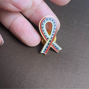 Vintage Patriotic Ribbon Enamel Pin – Red White Blue Stars – Awareness Lapel Pin